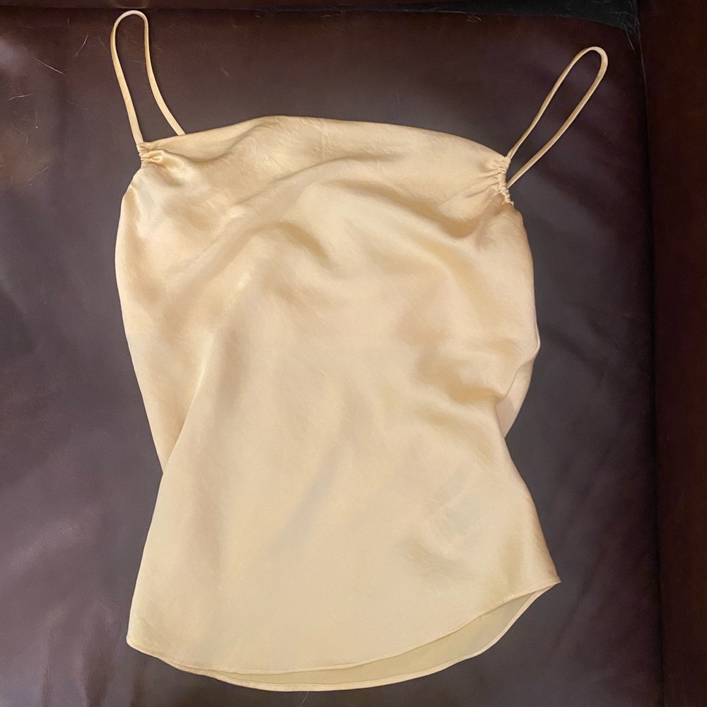 Aritzia yellow silk going out top - never worn! Size 2XS